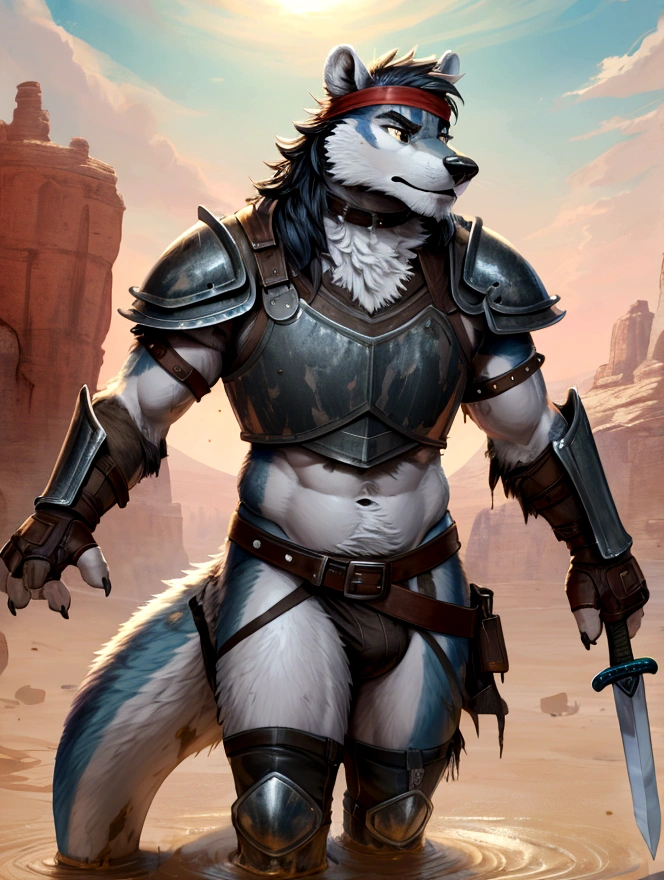 Solo Sexy young anthro furry otter male river mercenary medieval solider, slim endomorph muscular, anthro handsome gay shorter muzzle, handsome gay model male apperance, sword scars, shaggy shag hairs headband, worn out leather skimpy armament, low on hips heavy leather belt, old very worn out skimpy dirty linen material jockstrap, old yellow dirty worn out stains on white sawn jockstrap, very visible "x" brown seam pattern on the jockstrap, studded skimpy armlets breastplate armor, skimpy breastplate, leather bondages, fingerless leather gloves, smelly unwashed furr, dirty body look, desert battlefield, walking through muddy forest river, close view of full character