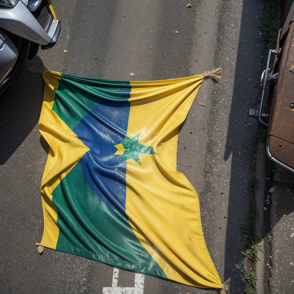 Dirty Brazil flag on the street realistic photo