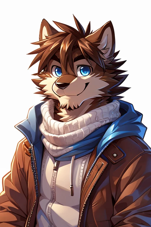 Scribble wolf face, cute face, Humanity(brown wolf), (brown hair:1.3),Smile,,(Black eyebrows:1.1),,(perfect blue eyes:1.4),simple background, background,print style, small, skinny body, cute, wearing winter clothes, smiling softly, very small, adult male, (Artist:Takemoto Arashi)