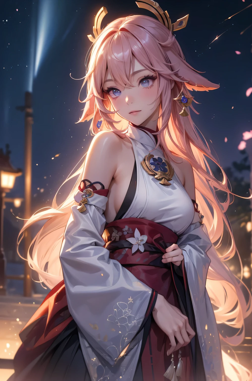 ((yaemikodef)):1.5, ((masterpiece,Highest quality,Highly detailed images,Beautiful images、Dutch Angle)), (Close-up image of yaemiko、Overall dim lighting、Backlight、Strong backlighting、Fantastic dark atmosphere、Thick Fog、Dust flutters),(Dynamic pose)1.2, sideboob、((from front;1.5)), (Beautiful starry sky、White Nights、shooting star)