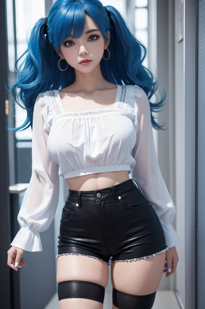 (full body shot), one girl, ((Light light blue hair)) , ((light blue pupil)), light smile, Glowing bronze skin, best quality, masterpiece, (realistic:1.4), (((I have a lot of fine muscles all over my body.)), (((tight waist))), ((Her fit body visible in her neat attire))、(Domineering expression), bijouterie, Sky blue long hair, hair length reaching pelvis, pointed nose, pretty face, Black neat outfit, Coffee-colored stockings, The magical era castle is the background, Winter snow falls