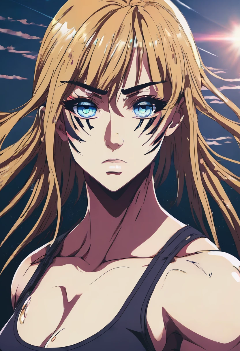 Muscular woman with tearful anime eyes