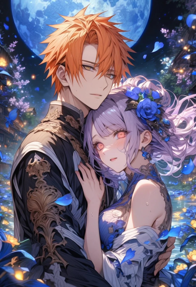 absurdres, highres, ultra detailed, HDR, master piece, Yahiko, orange hair, expressive brown eyes, Konan, light purple hair, expressive orange eyes, Naruto Shippuden, a handsome man together with a beautiful woman, couple, love, handsome, best quality, blue moon, flowers, fantasy, magical, solo, water, blue shining fireflies, blue petals, black Akatsuki tunic,
