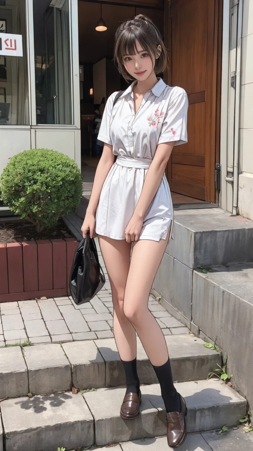 ((masterpiece)),(((Highest quality))),Thin thighs,Long legs,An 18-year-old woman standing on the steps of her school,Japan uniform:1.5,White camellia floral lace bra:1.5,open-chested short-sleeved white shirt,The best smile,Short blonde hair:1.5,short side wave,Carrying a black backpack,Wear black loafers,