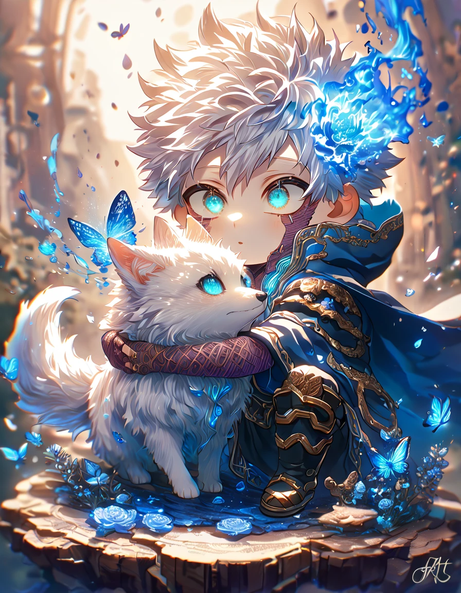 absurdres, highres, ultra detailed, HDR, master piece, best quality, extremely detailed, Dabi chibi, white hair, expressive turquoise eyes, Boku No Hero Academia, boy hugging a fox, magical, fantasy, magic, blue fire, blue forest, glittering, blue butterflies, blue petals, blue flowers