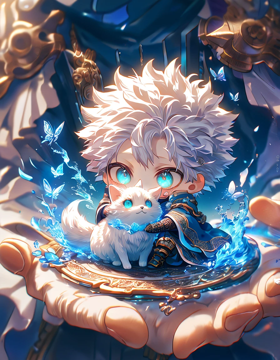 absurdres, highres, ultra detailed, HDR, master piece, best quality, extremely detailed, Dabi chibi, white hair, expressive turquoise eyes, Boku No Hero Academia, boy hugging a fox, magical, fantasy, magic, blue fire, blue forest, glittering, blue butterflies, blue petals, blue flowers