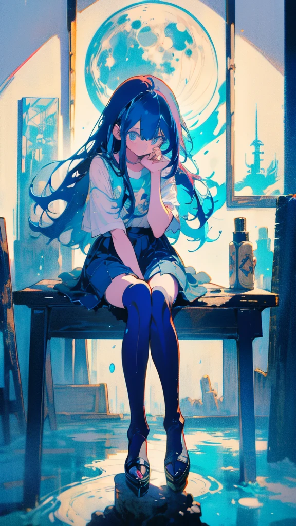 Blue-haired long hair,Design clothing,Seven-doppelganger shot,Anime style 4K,Anime girl with teal hair,High quality anime art style,sit down,painting,Splash ink background,Blue Themes、Pure white background,Buildings,Face close-up,Buildings,Moon and sun、Long legs,Tokyo city