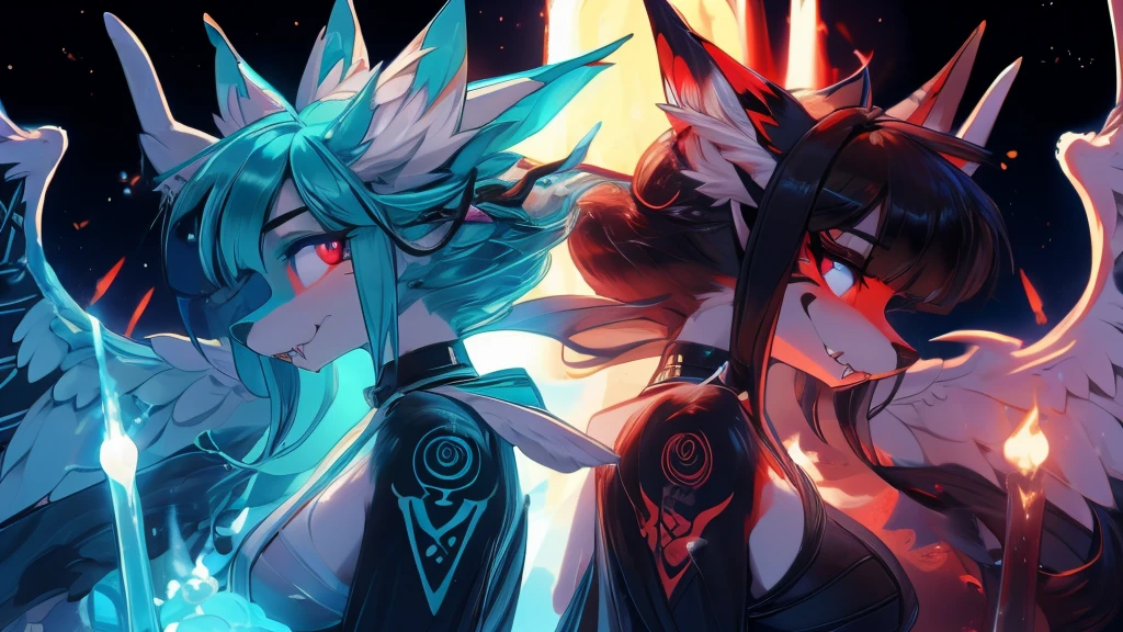 Two girls back to back, duality good and evilMiku Hatsune, add high definition_detail:1, blue fur,kitsune ears, tribal tattoo add_detail:1, hell&heaven add_detail, diabolic girl, batwigns add_detail Ferocious fangs, sharp fangs, demon yokai kitsune add_detail:1. Dualidad hatsume miku add high definition_detail:1 , blue fur, slave dd kitsune, angelic girl, angel girl add_detail:1