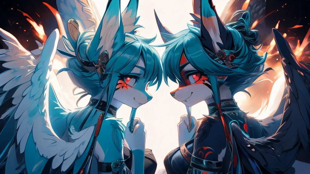  Two girls back to back, duality good and evilMiku Hatsune, add high definition_detail:1, blue fur,kitsune ears, tribal tattoo add_detail:1, hell&heaven add_detail, diabolic girl, batwigns add_detail Ferocious fangs, sharp fangs, demon yokai kitsune add_detail:1. Dualidad hatsume miku add high definition_detail:1 , blue fur, slave dd kitsune, angelic girl, angel girl add_detail:1