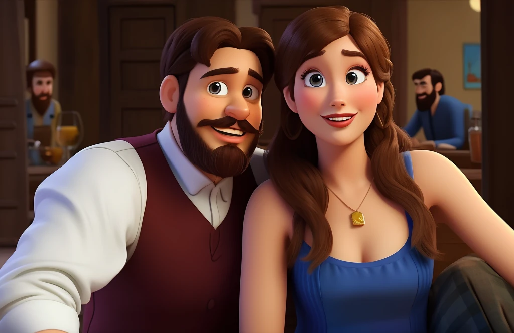 bearded man. happy woman. embassy background. disney pixar poster