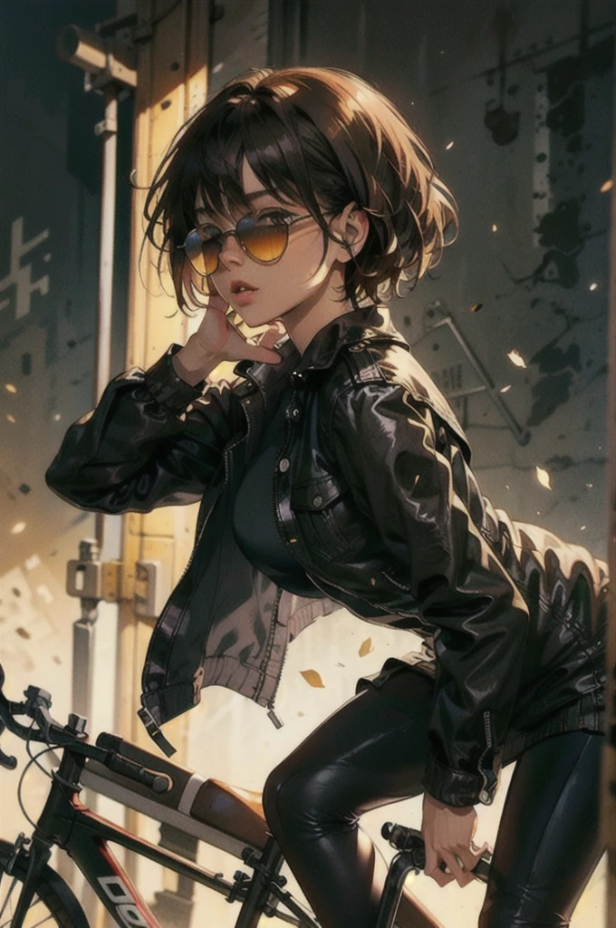 ??????? a bike, Black Bike, Brown Hair Girl, Loose fitting black pants in a dark city at night, Black jacket, sunglasses