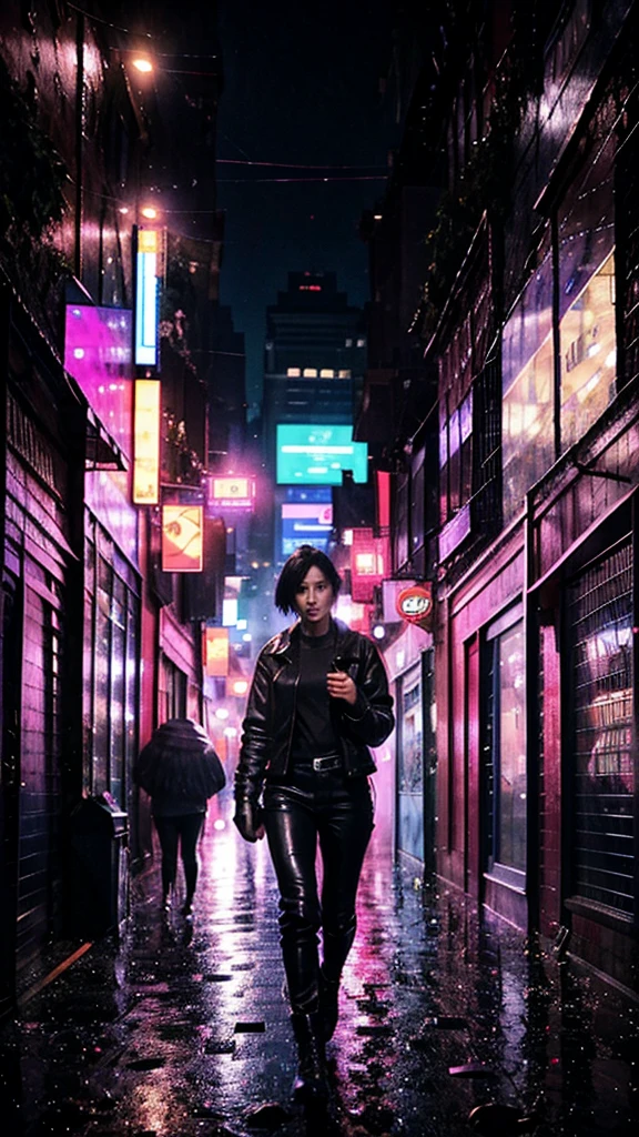Full body portrait 、Beautiful female soldier from Wakanda ((Black women:1.2)), Dark Skin, Black Hair, Braided hair, ,blue eyes、 black leather flight jacket、Black T-shirt、Black leather pants、Holding a knife, detailed, Realistic Face, Digital Portrait, The background is a night city. Big city at night、Aggressive Pose、Prepare for external enemies、Be vigilant、Heavy rainy night、Blade Runner、ghost in the Shell、A man is lying on the road