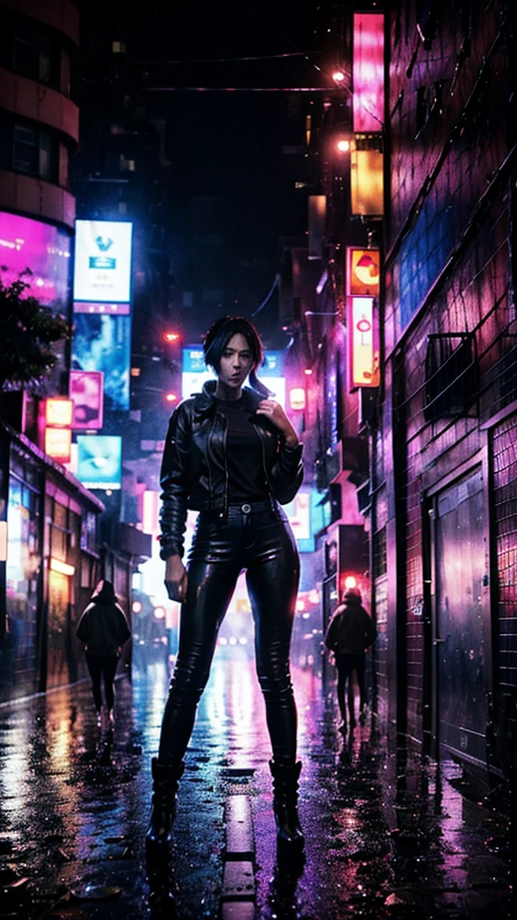 Full body portrait 、Beautiful female soldier from Wakanda ((Black women:1.2)), Dark Skin, Black Hair, Braided hair, ,blue eyes、 black leather flight jacket、Black T-shirt、Black leather pants、Holding a knife, detailed, Realistic Face, Digital Portrait, The background is a night city. Big city at night、Aggressive Pose、Prepare for external enemies、Be vigilant、Heavy rainy night、Blade Runner、ghost in the Shell、A man is lying on the road