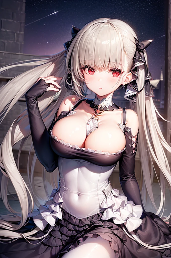 ((dress_default, terrific_default)):1.5,((独奏, 1girl)) ((masterpiece,Highest quality,Highly detailed images,Beautiful images、Realistic、Dutch Angle)), (Bright lighting overall、Backlight、A fantastic atmosphere、Thick Fog、Dust flutters),(Dynamic pose、Beautiful 、large breasts)Beautiful starry sky:1.5、Rooftop:1.2))((arms behind head))、Black sleeves