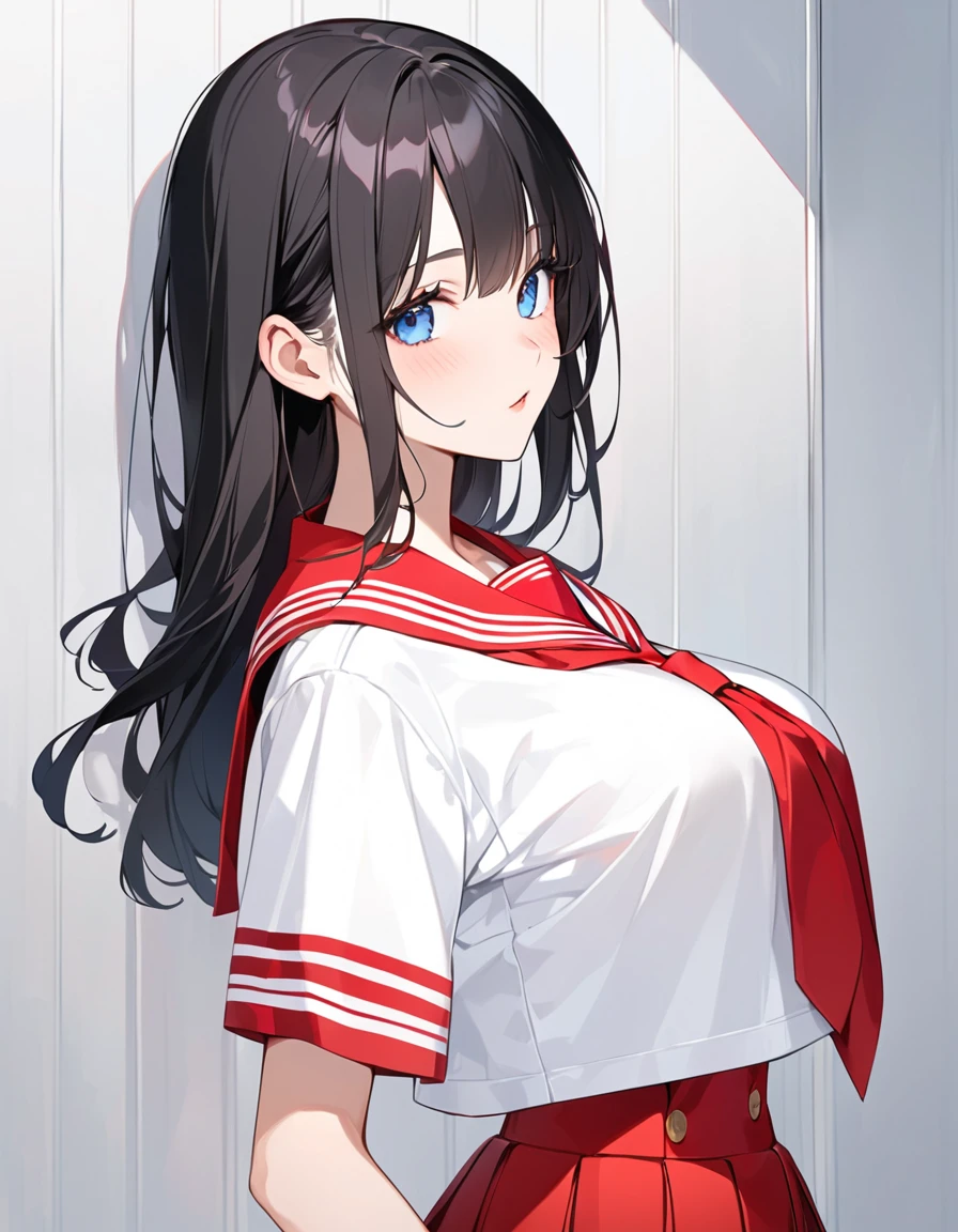 (Highest qualityのイラスト:1.2), (cute女の子:1.1), (1 girl、、Highest qualityのイラスト:1.2), (1 girl、Kind eyes、blue eyes:1.2)、Black Hair、Semi-long hair、(Highest quality、Very detailed、cute、Ultra-high resolution) 、High School Uniform｛Sailor suit、Red neckerchief、Short sleeve、Pleated skirt)、Large Breasts、Stylish, from side, whole body