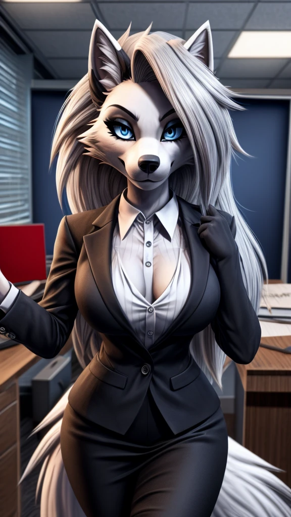 Loona from Helluva Boss, female wolf, anthro, adult, white hair, blue eyes, office outfit, empty hand offering something to the viewer poseserious, detailed, 4K