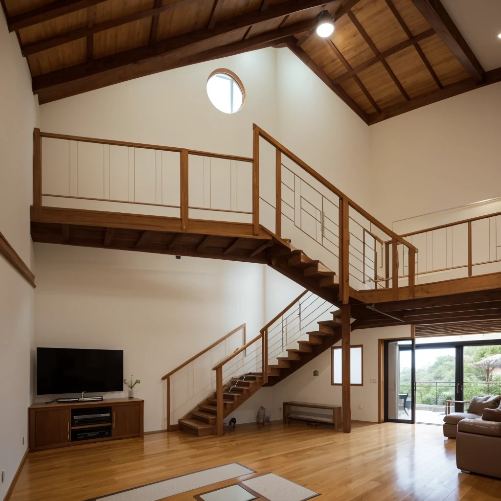 ((Highest quality)), ((masterpiece)), (detailed), Living room of a modern Japanese house,The three-seater sofa is L-shaped,There is a steel staircase in front of the sofa.,A 60-inch TV is mounted on the wall under the stairs.,The floor is solid oak 90cm wide.,The lighting is downlights,2-story building,The floor height is 2400mm and the living room is open