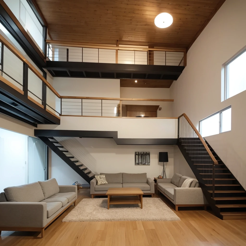 ((Highest quality)), ((masterpiece)), (detailed), Living room of a modern Japanese house,The three-seater sofa is L-shaped,There is a steel staircase in front of the sofa.,A 60-inch TV is mounted on the wall under the stairs.,The floor is solid oak 90cm wide.,The lighting is downlights,2-story building,The floor height is 2400mm and the living room is open