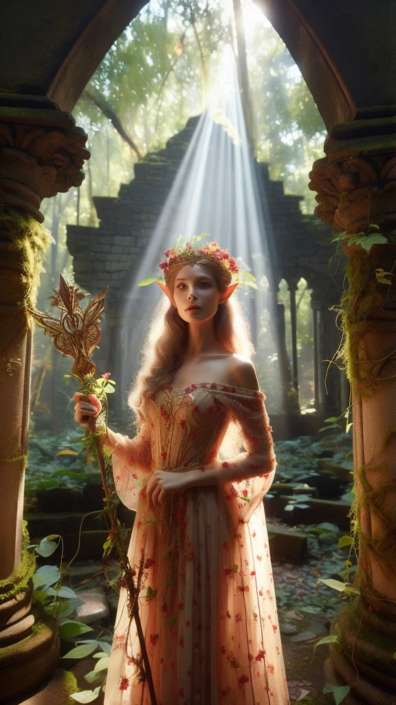 In a dappled, ancient forest ruin, an Elf Princess stands tall, her scepter raised high as beams of warm sunlight filter through the trees, casting a golden halo around her regalness. Her beautiful summer wear, enchanted clothing shimmers in the soft light covered in tiny miniature red multicolored flowers, and pea green and yellow tiny leaved vines, while lush foliage and vines surround her, creating a lush environment. The camera captures a sharp focus on the princess's face, with the rule of thirds composition placing her at the intersection of two diagonals. Shot during the golden hour, the scene exudes an ethereal mood, inviting the viewer to step into this mystical realm, fantasy, better_hands, Leonardo, Angela white, Enhance