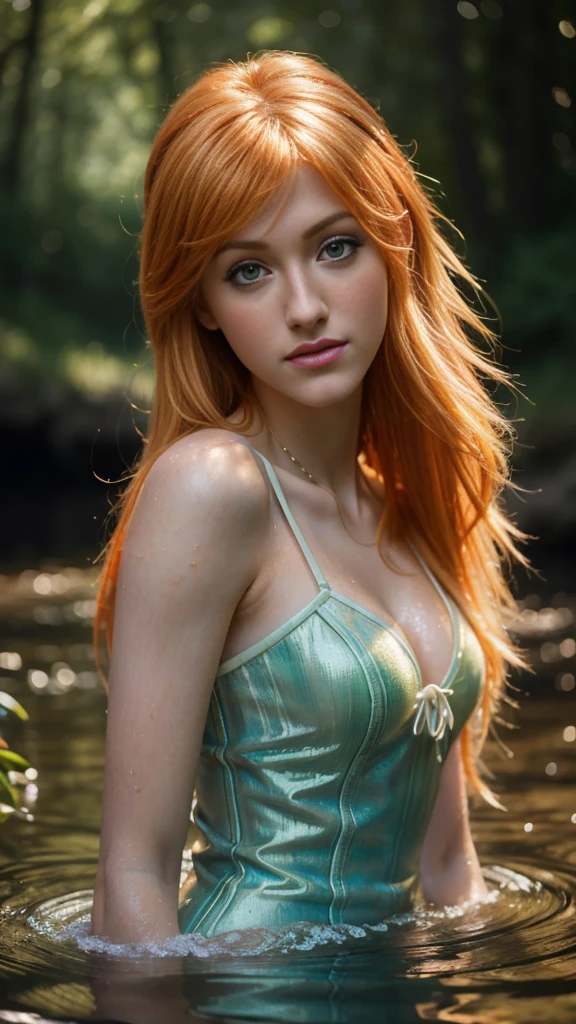 imagine a close up portrait of a cute woman (Katherine McNamara:1.3) bathing in a beautiful river, blonde, green eyes, reeds, (backlighting), realistic, masterpiece, highest quality, lens flare, shade, bloom, [[chromatic aberration]], by Jeremy Lipking, by Antonio J. Manzanedo, 8K, ultra high res.photorealistic, UHD, digital painting