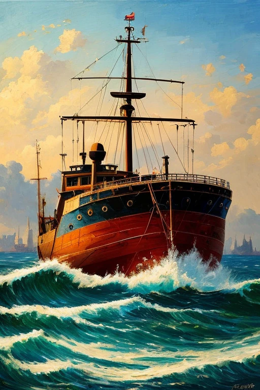 "An imaginative and impressionist depiction of a ripped, tattered, and battle-worn appearance of a large ship, with vibrant, focused brushstrokes capturing every detail. A focused impressionist image where every brushstroke is sharp and clear. Color palette blends muted, earthy tones with vibrant accents, enhancing the depth and atmosphere of the scene. Every detail in the image in sharp focus. Distinct forms and shapes in the background should suggest a tugboat."