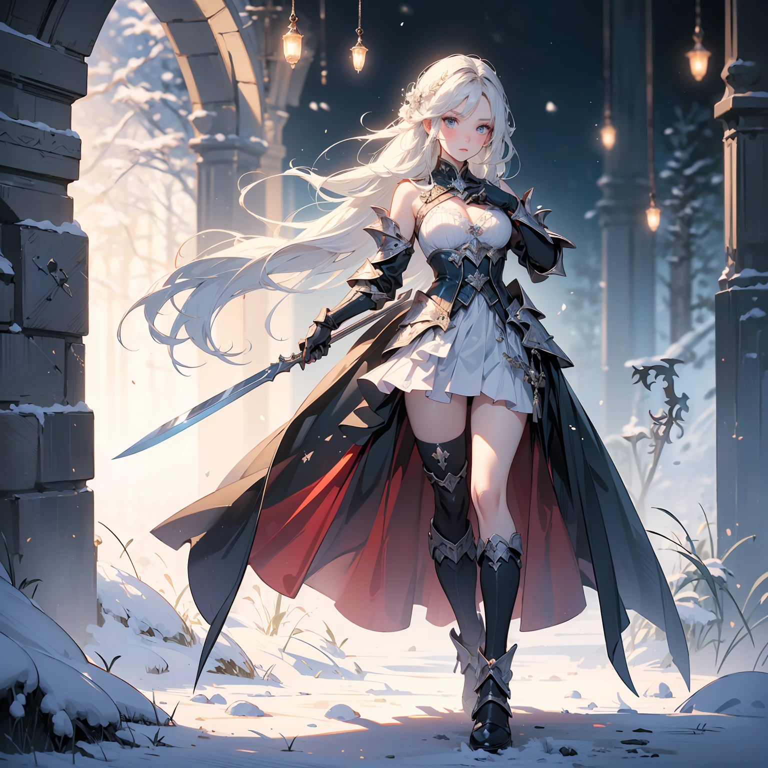 (((masterpiece, best quality, high detailed, 8k))) Design a layout showcase Gaming character, (1girl). Blue|Silver clothes, stylish and unique. ((showcase weapon:1.4)), bow and arrows. (masterpiece:1.2), (best quality), 4k, ultra-detailed. (Step by step design, layout art:1.5), (luminous lighting, atmospheric lighting). archer, ((glove full hands)), (((revealing clothes:1.3))), vambraces, armored legwear, (((full_body_shot:1.4))). {On a snowy mountain}.