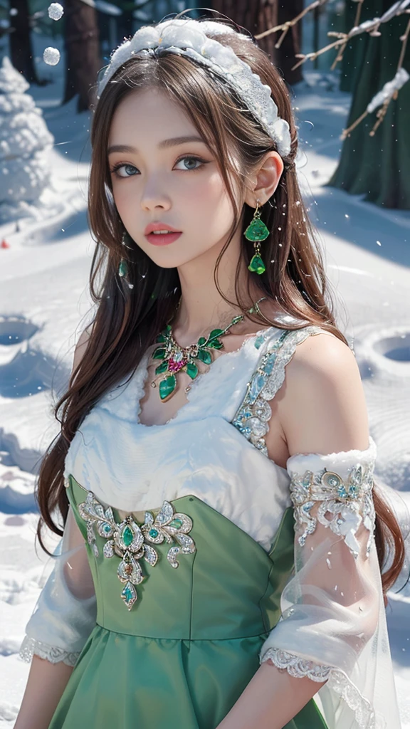 8k, masterpiece, 1 girl, beautiful face, very long hair, light makeup, detailed eyes, detailed lips, small bust, winter dress, orange dress, (wearing jewellery:1.8), (green lace:1.4), ((snow falling:1.4)),25 years, with a bears