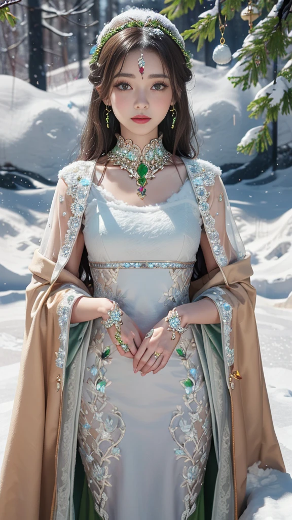 8k, masterpiece, 1 girl, beautiful face, very long hair, light makeup, detailed eyes, detailed lips, small bust, winter dress, orange dress, (wearing jewellery:1.8), (green lace:1.4), ((snow falling:1.4)),25 years, with a bears