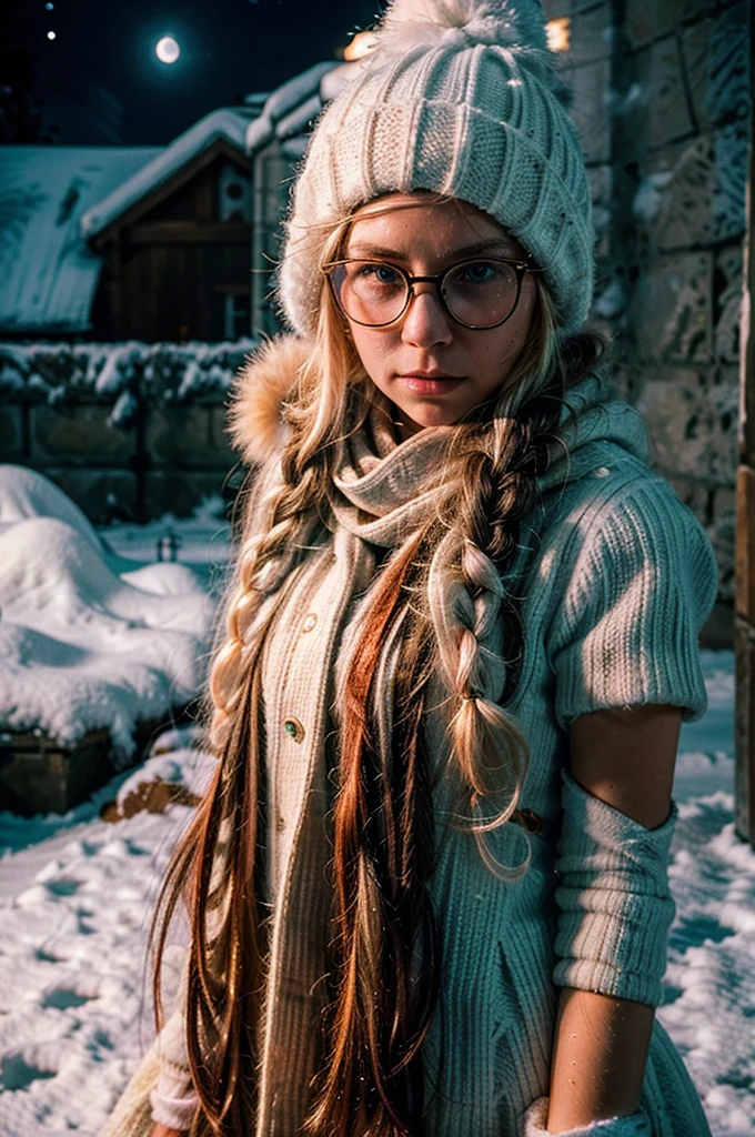1 girl, blonde hair, long hair, crownbraid, snowcap, round eyewear, glasses, white winter furcoat, snow, standing, in snow, night, solo, orange lighting, pink scarf, hand on scarf, green eyes, black gloves, close up, pleading, moonlight, snowing, freckles