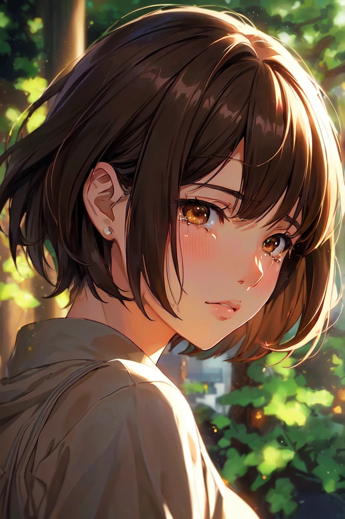 anime girl with brown hair and brown eyes staring at something, anime girl in her late 20's, quietly shedding tears, Tears on her cheeks, detailed portrait of anime girl, beautiful anime portrait, makoto shinkai art style, portrait anime girl, smooth anime cg art, detailed digital anime art, profile of anime girl, makoto shinkai style, makoto shinkai and artgerm, anime girl portrait profile, stunning anime face portrait