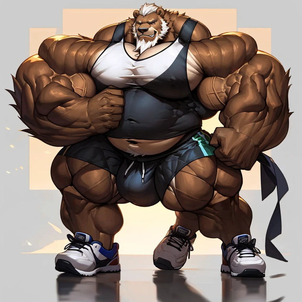 chubby Grizzly Bear in nigh street city (wearing white gym shorts and white tank top, gym shoes), big balls, hyper muscle, hyper muscular, hyper pecs, hyper pectoral, absurdly muscular, absurdly muscle size, flare lights, bur background, old grizzly bear, thick arm, huge arm, bearded. Thick huge heavy brown fur, White hair and long beard, bearded, muscular, pectoral, wide pectoral, large pectoral, realistic, 8k, masterpiece, 