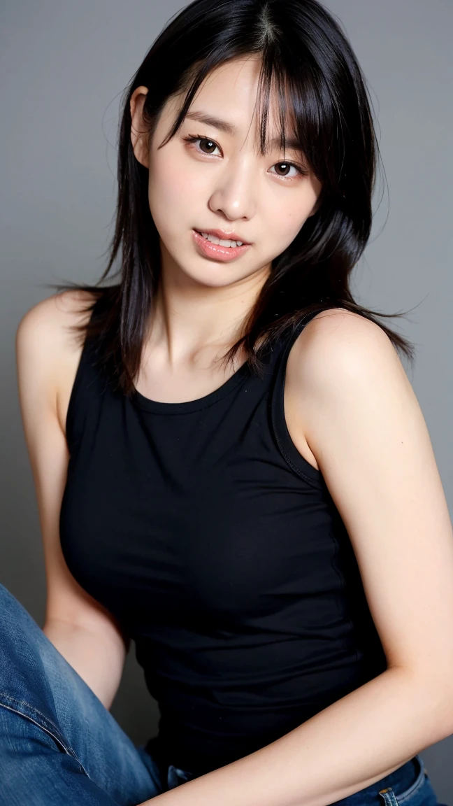 ((Highest quality、8K、masterpiece:1.3))、Realistic, Sharp focus, High resolution, High resolution,Portraiture, Photograph the upper body、One person、Japanese、woman, beautiful woman, (((Black tank top)))、30 years old, Attractive person, Medium Long Hair,smile