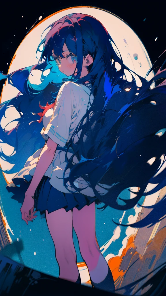 Blue-haired long hair，Design clothing，Seven-doppelganger shot，Anime style 4K，Anime girl with teal hair，High quality anime art style，Are standing,painting，Splash ink background，Blue Themes、Pure white background,Buildings,Face close-up,Buildings,Moon and sun、Long legs,Tokyo city