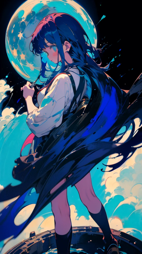 Blue-haired long hair,Design clothing,Seven-doppelganger shot,Anime style 4K,Anime girl with teal hair,High quality anime art style,Are standing,painting,Splash ink background,Blue Themes、Pure white background,Buildings,Face close-up,Buildings,Moon and sun、Long legs,Tokyo city