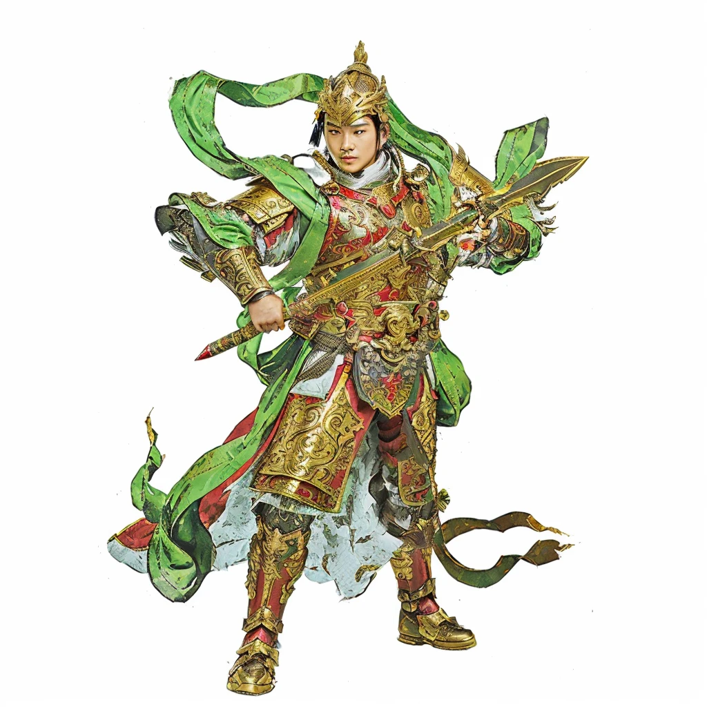 an ancient young chinese warrior with armour (gold and red color), holding a curvy sculpted sword, green deity ribbon, no beard,