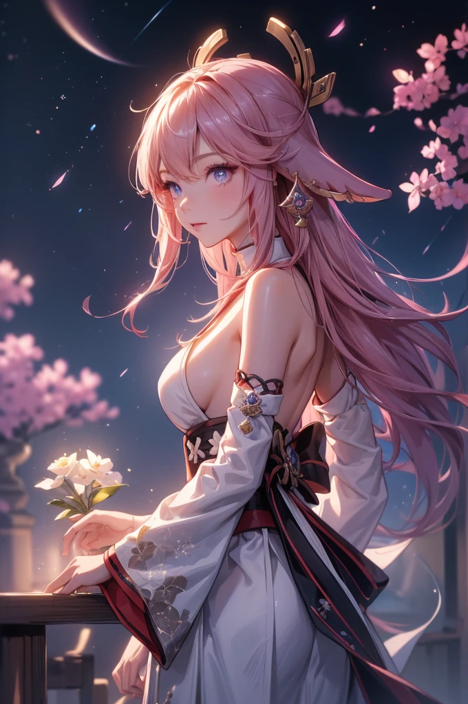((yaemikodef)):1.5, ((masterpiece,Highest quality,Highly detailed images,Beautiful images、Dutch Angle)), (Close-up image of yaemiko、Overall dim lighting、Backlight、Strong backlighting、Fantastic dark atmosphere、Thick Fog、Dust flutters),(Dynamic pose)1.2, sideboob、((from front;1.5)), (Beautiful starry sky、White Nights、shooting star)