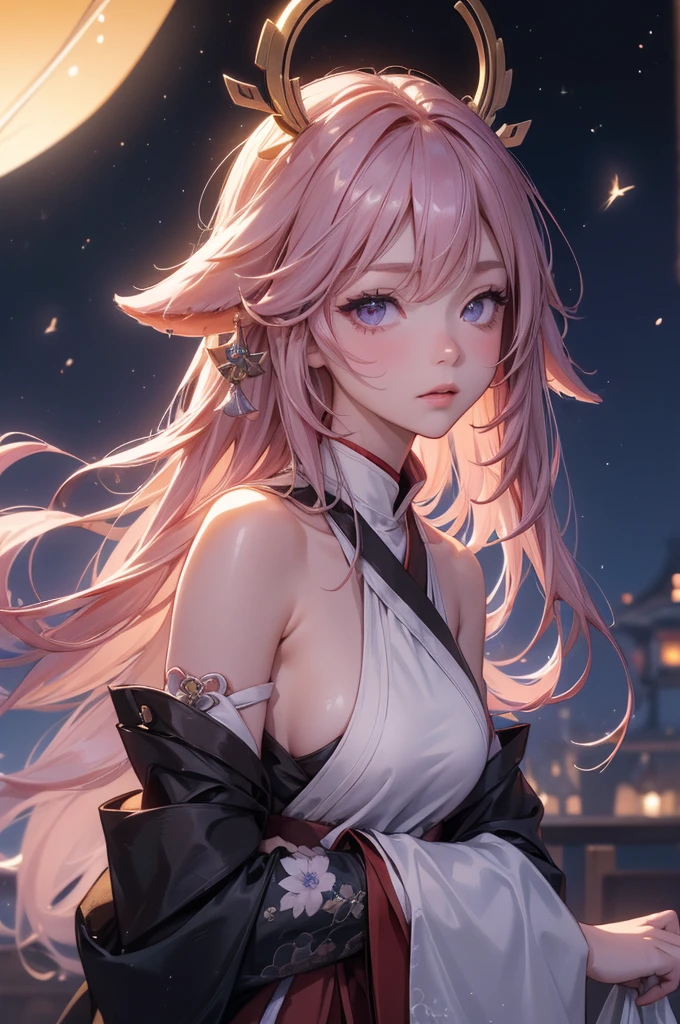 ((yaemikodef)):1.5, ((masterpiece,Highest quality,Highly detailed images,Beautiful images、Dutch Angle)), (Close-up image of yaemiko、Overall dim lighting、Backlight、Strong backlighting、Fantastic dark atmosphere、Thick Fog、Dust flutters),(Dynamic pose)1.2, sideboob、((from front;1.5)), (Beautiful starry sky、White Nights、shooting star)