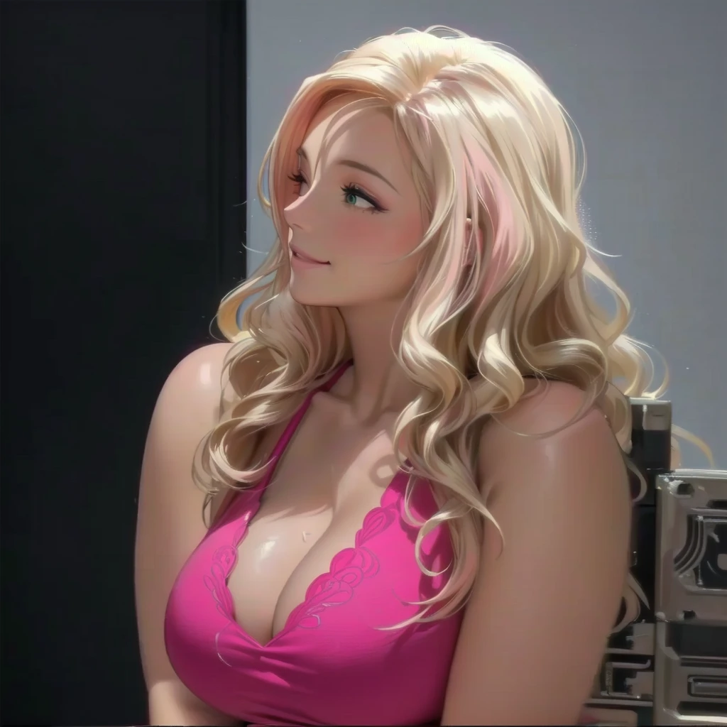 a close up of a woman in a pink dress smiling, gorgeous female jade tailor, cleavage, kimberly asstyn, big blonde hair, devon cady-lee, busty, large breasts size, hd shot, tight gigantic pink curls, big breasts!, in a black betch bra, katey truhn, huge curly pink hair, video, gigantic pink ringlets