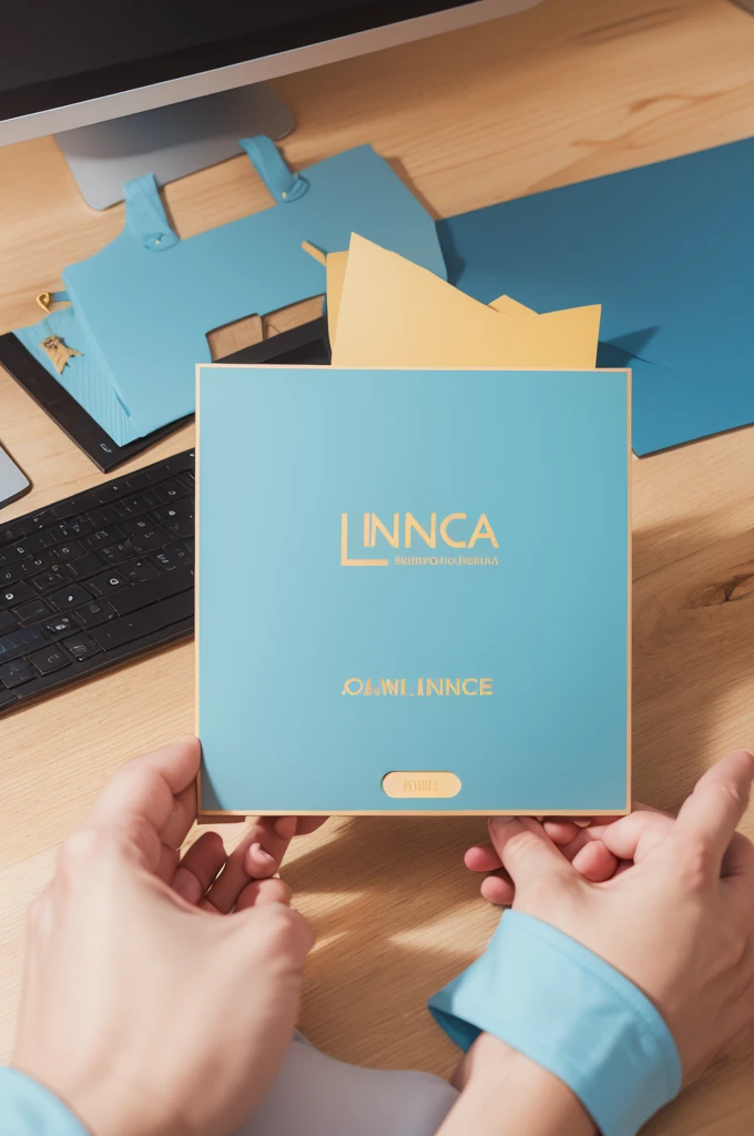 create a logo for a company with the name written LINARIC in baby blue and gold