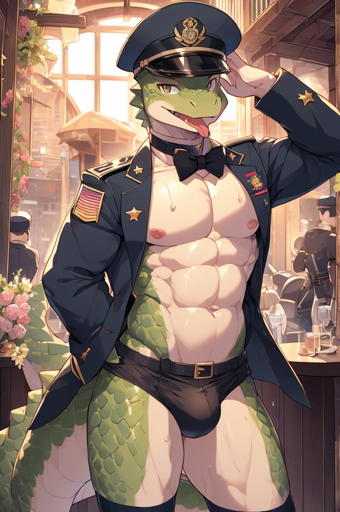 Highest quality、Sexy Baby Lizardman、Skimpy micro underwear、Shota、maleの子、male、Sweat、Embarrassing、Gay、Nightclub、cute、Knee-high socks、frilled choker、Obscene language、Showing tongue、toplesagazine cover style illustration、bow tie、salute、military cap、Get a tip、セクシービキニを着たmale性、Belly button style military uniform、