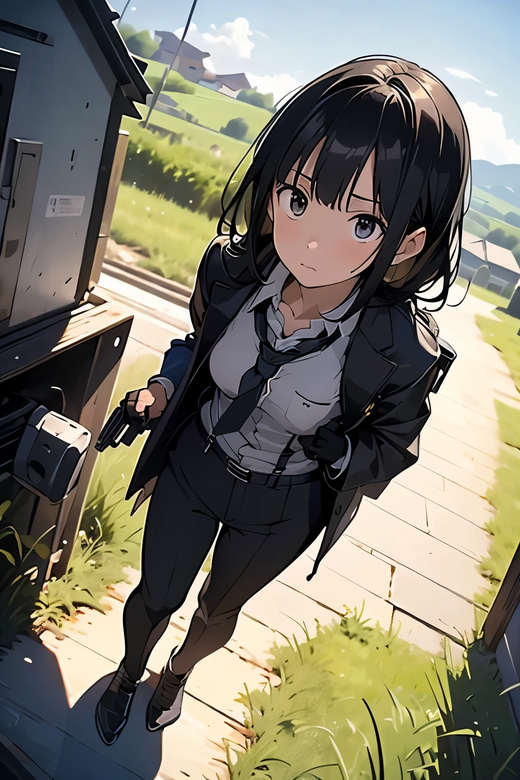 high quality, masterpiece, Ultra-high resolution, (realism: 1.4), Oil painting style, Cinema Lighting, An endless grassland dotted with a few houses, I stood on the empty asphalt road and looked at it., Fairy Mountain々was shrouded in mist, And the suspenders with the cranes flying Moderate breasts Small face holster Lying in bed Looking up Sweat belt summer 脇Sweat Black Hole Gloves suit shirt Black jacket Black trousers Leg Links ズボンにbelt holster Hands behind your back Anxious expression Looking up Anxious face