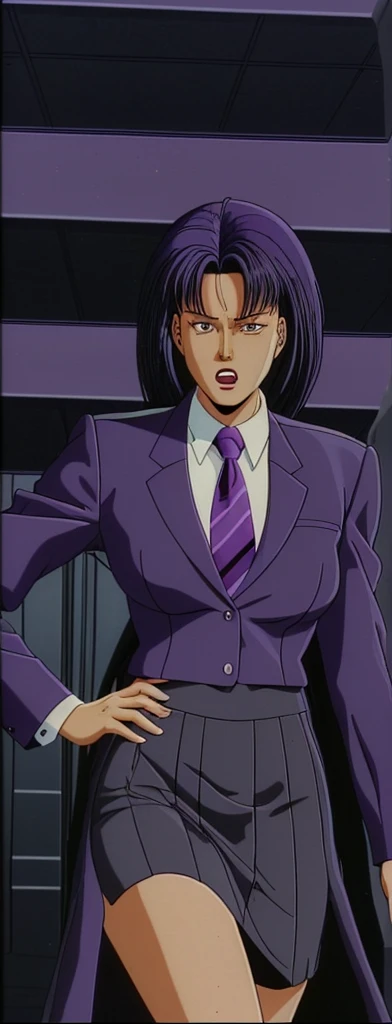 90s style Anime Evil black skinned business woman in a purple military skirt suit with a tie on