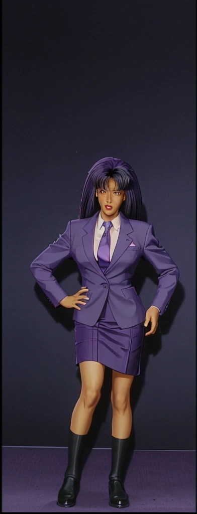 90s style Anime Evil black skinned business woman in a purple military skirt suit with a tie on