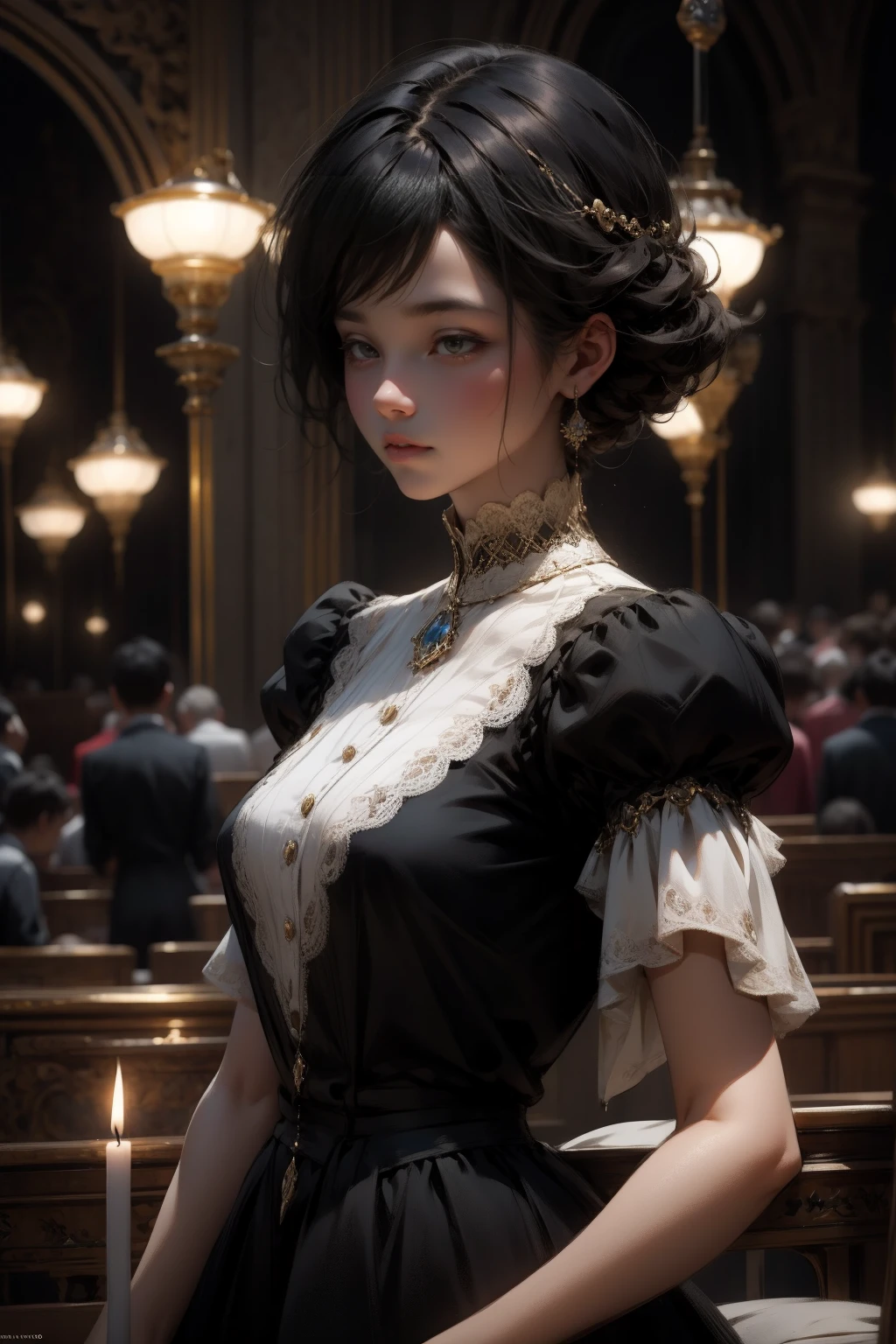 {-erro_de_anatomia:1.0} woman 30 years old, black victorian dress, brown eyes, black hair, short hair, bang, 1968s style, on the saloon, baile, looking at viwer, upper body, dark background, candles, witchcraft
