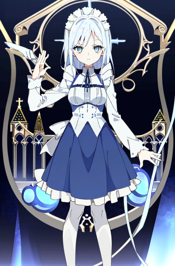 ((cathedral background)),1 girl! Ray tracing, best shadows, high resolution (dim lighting) blue hair, plump and slender girl, (girl wearing white shirt, black wrinkled skirt, with black transparent pantyhose), showing a delicate slim figure and graceful curves, correctly positioned and reasonable limbs! facial details! Delicate facial features, pay attention to the position details of the legs! Pay attention to hand details! High quality! More eligible! Reduce errors, ultra-detailed CG, more reasonable picture! Delicate finger detailing,((blue medium hair)),((White Maid Costume)),blue eyes,((whole body)),whole body,((White Maid Costume)),((White Maid Costume)),evil smile,((cathedral background)),((cathedral background)),