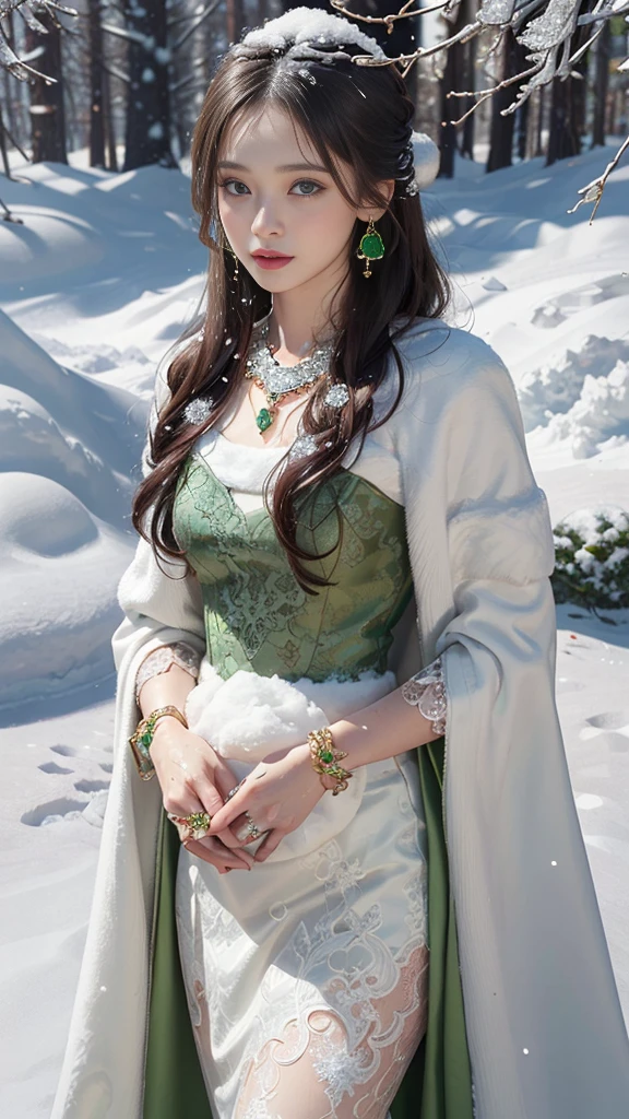 8k, masterpiece, 1 girl, beautiful face, very long hair, light makeup, detailed eyes, detailed lips, small bust, winter dress, orange dress, (wearing jewellery:1.8), (green lace:1.4), ((snow falling:1.4)),25 years, with a bears