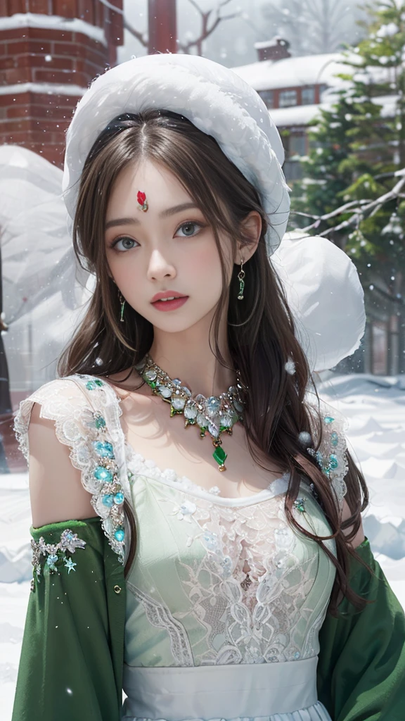 8k, masterpiece, 1 girl, beautiful face, very long hair, light makeup, detailed eyes, detailed lips, small bust, winter dress, orange dress, (wearing jewellery:1.8), (green lace:1.4), ((snow falling:1.4)),25 years, with a bears