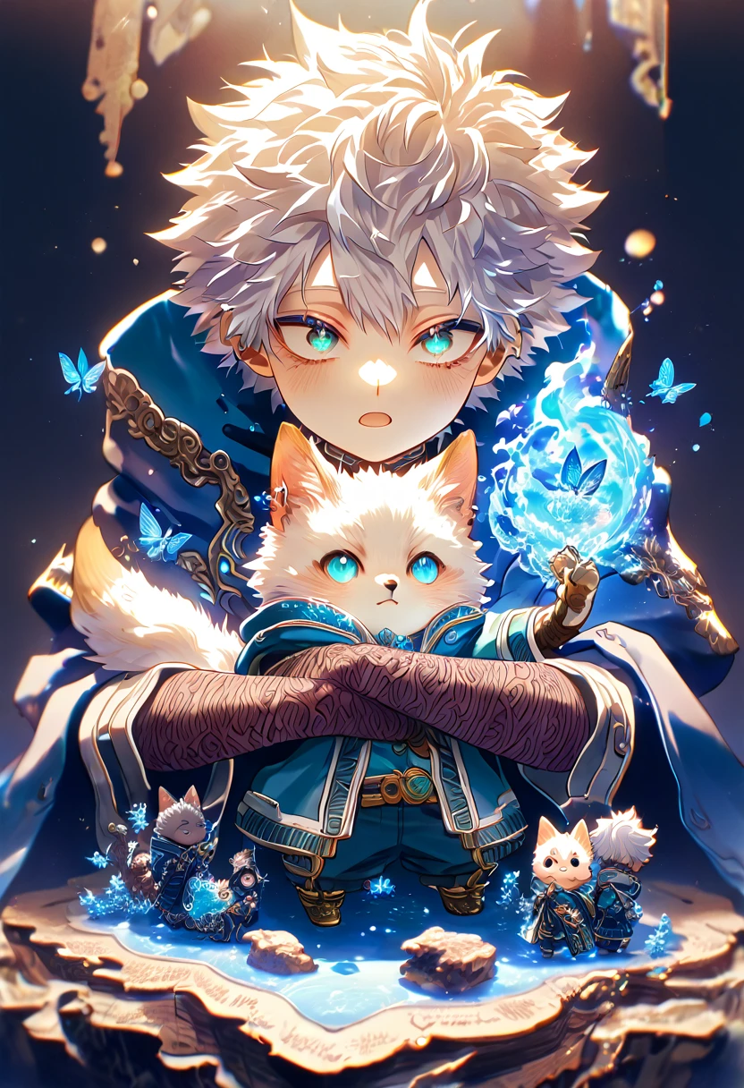 absurdres, highres, ultra detailed, HDR, master piece, best quality, extremely detailed, Dabi chibi, white hair, expressive turquoise eyes, Boku No Hero Academia, boy hugging a fox, magical, fantasy, magic, blue fire, blue forest, glittering, blue butterflies, blue petals, blue flowers