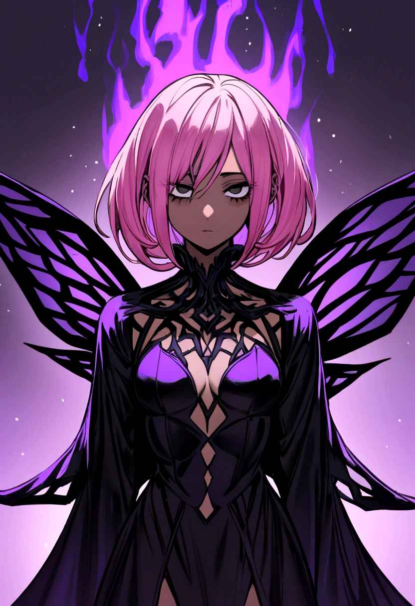 a girl with pink hair , with dark skin in the style of my hero academia as a villain. with a purple aura and the moon behind her. with dark fairy wings, one of them broken with black eyes and a cold look with gothic clothing covered in blood.