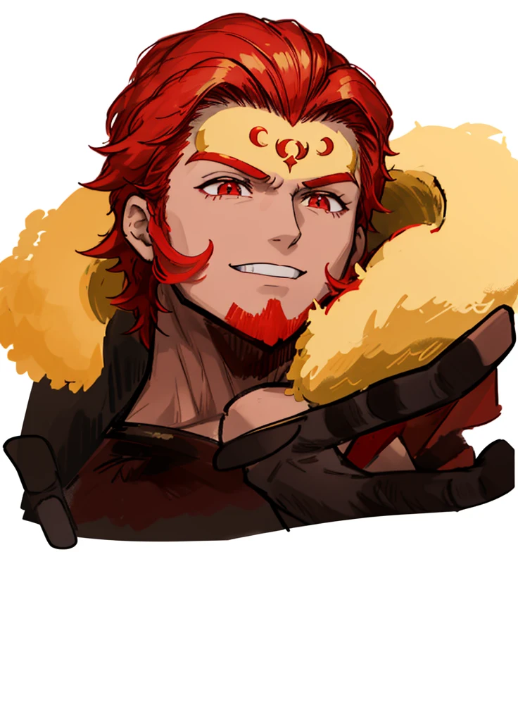 1boy, red eyes,red hair, gladiator, red cape, golden coat, nice clothes, (high resolution, high detail, best quality),
black background, iskandar, macedonian, muscular man, cheerful, smiles
